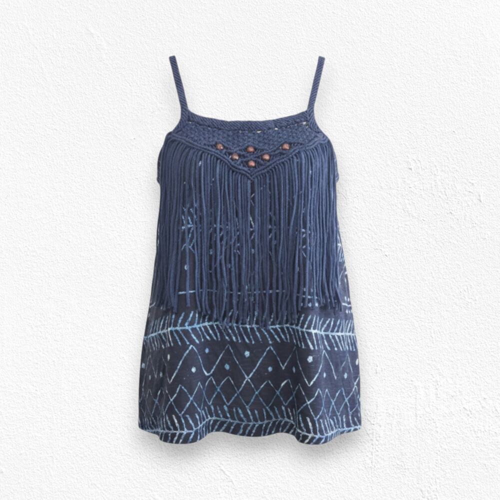 Denim & Supply Ralph Lauren Blue Aztec Boho Macrame Fringe Tank Top Size Large